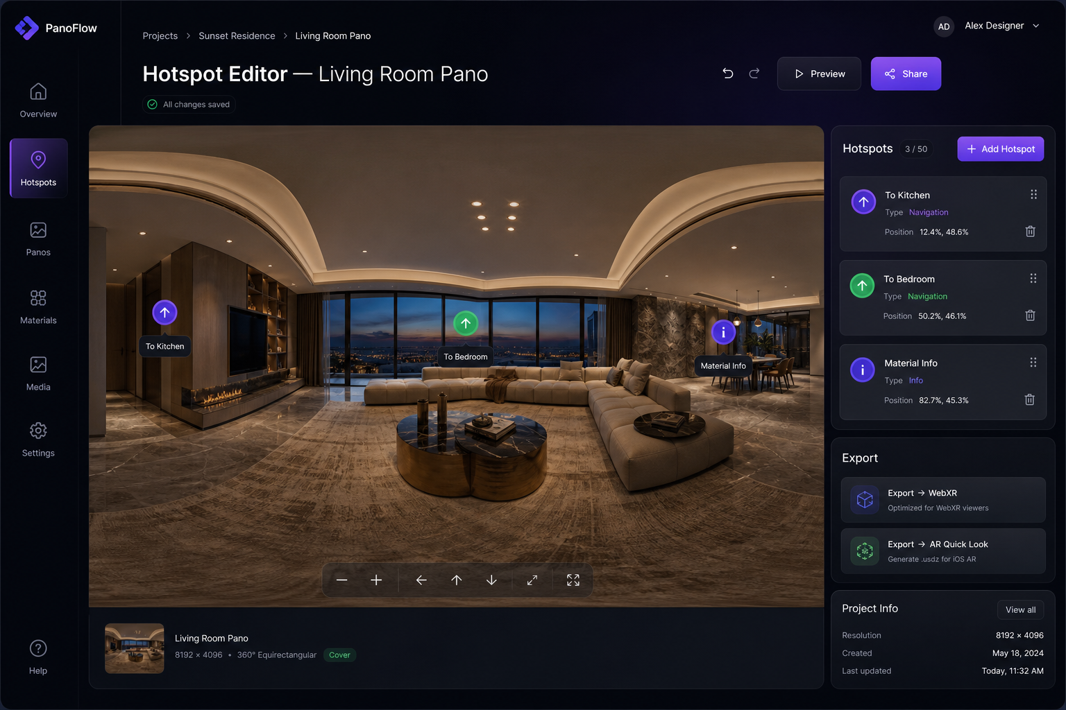 VRxED hotspot editor placing navigation pins on a 360 panorama